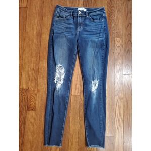 KanCan Womens Mid Rise Distressed Skinny Jeans Dark Wash Fray Hem Size 7/27